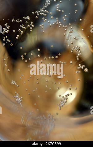 ©PHOTOPQR/L'EST REPUBLICAIN/ALEXANDRE MARCHI ; VINCELLES ; 19/06/2020 ; MAISON DE CHAMPAGNE PIOT SEVILLANO - VIGNERON INDEPENDANT. Vincelles 19 juin 2020. Des bulles de Champagne dans un verre. FOTO Alexandre MARCHI. Stockfoto