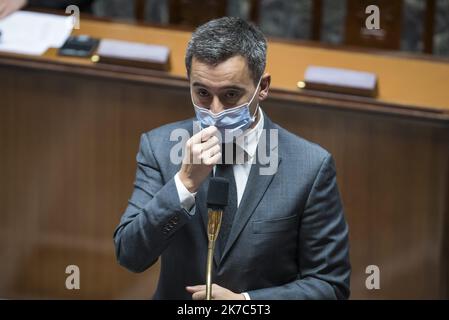 ©Christophe Petit Tesson/MAXPPP - 01/12/2020 ; PARIS ; FRANKREICH - der französische Innenminister Gerald Darmanin nimmt am 01. Dezember 2020 an der wöchentlichen Fragestunde an die Regierung in der Nationalversammlung in Paris, Frankreich, Teil. Stockfoto