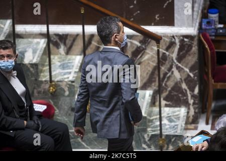 ©Christophe Petit Tesson/MAXPPP - 01/12/2020 ; PARIS ; FRANKREICH - der französische Innenminister Gerald Darmanin nimmt am 01. Dezember 2020 an der wöchentlichen Fragestunde an die Regierung in der Nationalversammlung in Paris, Frankreich, Teil. Stockfoto