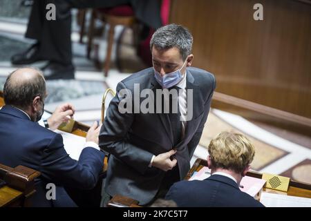 ©Christophe Petit Tesson/MAXPPP - 01/12/2020 ; PARIS ; FRANKREICH - der französische Innenminister Gerald Darmanin nimmt am 01. Dezember 2020 an der wöchentlichen Fragestunde an die Regierung in der Nationalversammlung in Paris, Frankreich, Teil. Stockfoto