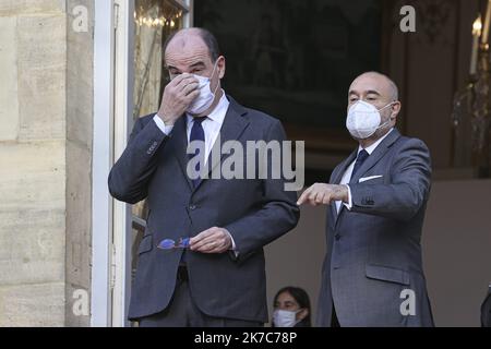 ©Sebastien Muylaert/MAXPPP - der französische Premierminister Jean Castex erwartet die Ankunft des ägyptischen Präsidenten im Matignon in Paris zu einem Treffen im Rahmen des dreitägigen Besuchs von al-Sisi in Frankreich. 08.12.2020 Stockfoto