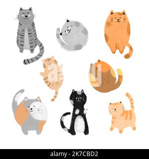 Niedliche und lustige Katzen Doodle handgezeichnete Illustration. Cartoon Katze oder Kätzchen Figuren Design-Kollektion mit flachen Farbe in verschiedenen Posen Stockfoto