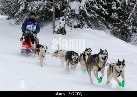 ©PHOTOPQR/LE DAUPHINE/Grégory YETCHMENIZA ; Megève ; 13/01/2021 ; Grégory YETCHMENIZA / LE DAUPHINE LIBERE / Photopqr Megève (Haute-Savoie) le 13 janvier 2021 La Grande Odyssée Savoie Mont Blanc est, depuis sa première édition en janvier 2005, la course de chiens de traineaux à eante la exigétapes. L'édition 2021 qui se déroule du 9 au 20 janvier 2021, va se déroler dans un Format inédit, à huis-clos. 60 Musher, 600 chiens , venant des meilleures Nations du mushing européen, prendront le départ sur 5 courses. La course principale, la Grande Odyssée Savoie Mont Blanc c'est, 24 Attelages Stockfoto