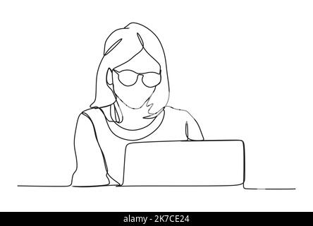 Geschäftsfrau, die an einem Laptop arbeitet - fortlaufende eine-Linie-Zeichnung Stock Vektor