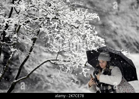 ©PHOTOPQR/L'EST REPUBLICAIN/ALEXANDRE MARCHI ; NANCY ; 14/01/2021 ; UMWELT - METEO - METEOROLOGIE - NEIGE - FROID - HIVER. Nancy, 14. Januar 2021. Une personne devant un arbre recouvert de neige dans le Parc de la Pépinière. FOTO Alexandre MARCHI. - Schneewelle traf Nordostfrankreich am 14. 2021. januar Stockfoto