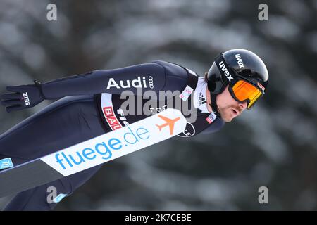 ©Pierre Teyssot/MAXPPP ; FIS Nordische Kombination Herren Einzelperson Gundersen NH/10 km Ski-Weltcup in Predazzo, , Italien am 15. Januar 2021, 46 Fabian Riessle (GER) Â© Pierre Teyssot / Maxppp Stockfoto