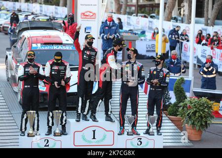 ©PHOTOPQR/LA PROVENCE/ARNOULT Dominique DUCLET Stéphane ; Monaco ; 24/01/2021 ; Rallye de Monté Carlo 2021. Ceremonie de remise des trophées à Monaco. Victoire de Ogier et Ingrassia. Ankunft und Podium für die Monte Carlo WRC 89. Stockfoto