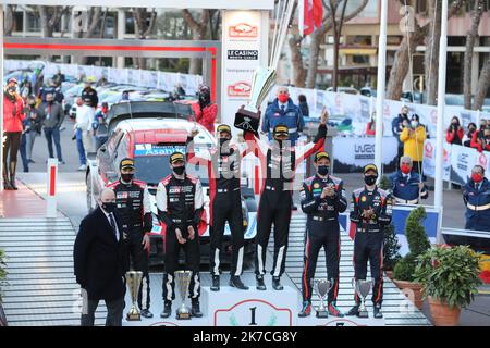 ©PHOTOPQR/LA PROVENCE/ARNOULT Dominique DUCLET Stéphane ; Monaco ; 24/01/2021 ; Rallye de Monté Carlo 2021. Ceremonie de remise des trophées à Monaco. Victoire de Ogier et Ingrassia. Ankunft und Podium für die Monte Carlo WRC 89. Stockfoto