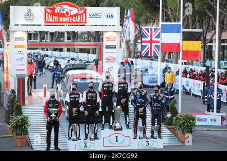 ©PHOTOPQR/LA PROVENCE/ARNOULT Dominique DUCLET Stéphane ; Monaco ; 24/01/2021 ; Rallye de Monté Carlo 2021. Ceremonie de remise des trophées à Monaco. Victoire de Ogier et Ingrassia. Ankunft und Podium für die Monte Carlo WRC 89. Stockfoto