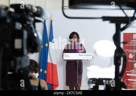 @ Pool/ Jacques Witt/maxppp, frankreich, paris, 2021/01/26 Elisabeth Moreno. Elisabeth Moreno, die französische Juniorministerin für Geschlechtergleichstellung, spricht während einer Pressekonferenz zu Neujahrsgrüßen. Paris, FRANKREICH- Stockfoto