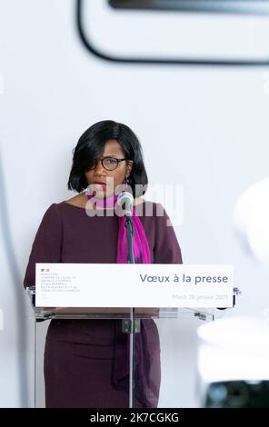 @ Pool/ Jacques Witt/maxppp, frankreich, paris, 2021/01/26 Elisabeth Moreno. Elisabeth Moreno, die französische Juniorministerin für Geschlechtergleichstellung, spricht während einer Pressekonferenz zu Neujahrsgrüßen. Paris, FRANKREICH- Stockfoto