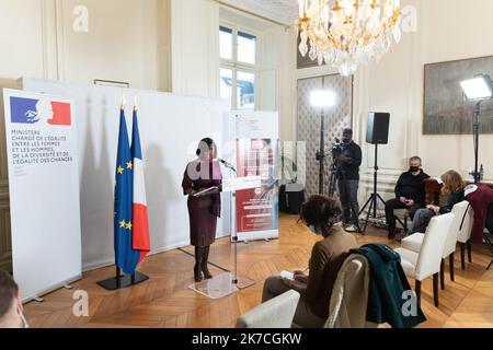 @ Pool/ Jacques Witt/maxppp, frankreich, paris, 2021/01/26 Elisabeth Moreno. Elisabeth Moreno, die französische Juniorministerin für Geschlechtergleichstellung, spricht während einer Pressekonferenz zu Neujahrsgrüßen. Paris, FRANKREICH- Stockfoto