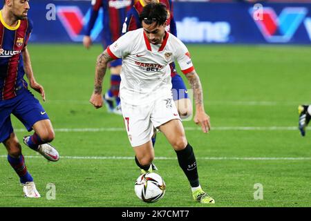 ©Laurent Lairys/MAXPPP - Suso vom FC Sevilla während des spanischen Pokals, Copa del Rey, Halbfinale, 1.-Bein-Fußballspiel zwischen dem FC Sevilla und dem FC Barcelona am 10. Februar 2021 im Sanchez Pizjuan Stadion in Sevilla, Spanien - Foto Laurent Lairys / MAXPPP Stockfoto