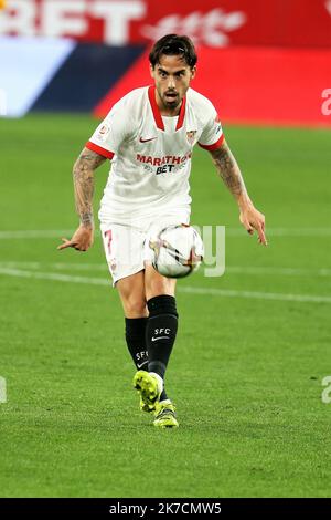 ©Laurent Lairys/MAXPPP - Suso vom FC Sevilla während des spanischen Pokals, Copa del Rey, Halbfinale, 1.-Bein-Fußballspiel zwischen dem FC Sevilla und dem FC Barcelona am 10. Februar 2021 im Stadion Sanchez Pizjuan in Sevilla, Spanien - Foto Laurent Lairys /MAXPPP Stockfoto