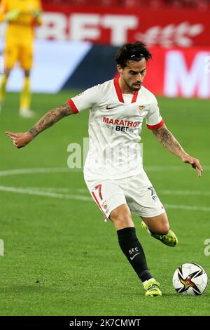 ©Laurent Lairys/MAXPPP - Suso vom FC Sevilla während des spanischen Pokals, Copa del Rey, Halbfinale, 1.-Bein-Fußballspiel zwischen dem FC Sevilla und dem FC Barcelona am 10. Februar 2021 im Sanchez Pizjuan Stadion in Sevilla, Spanien - Foto Laurent Lairys / MAXPPP Stockfoto