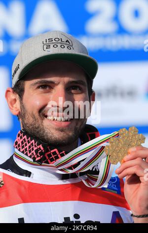 ©Pierre TEYSSOT/MAXPPP ; FIS Alpine Skiweltmeisterschaft 2021 Cortina . Cortina d'Ampezzo, Italien am 19. Februar 2021. Mathieu Faivre (FRA), der Riesenslalom der Männer, ist der neue Goldmedaillengewinnerin. Stockfoto