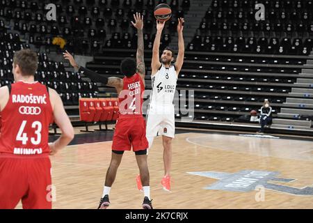 ©PHOTOPQR/LE PROGRES/Joël PHILIPPON - Villeurbanne 19/02/2021 - Asvel-Bayern München. Euroligue. 19 février 2021 -Antoine Diot 4 sur 4 à trois Punkte ! Stockfoto