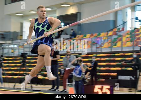 ©PHOTOPQR/LA MONTAGNE/Richard BRUNEL ; ; 27/02/2021 ; Perche Elite Tour All Star Perche, Kevin Mayer, Aubiere le 27/02/2021 Foto R Brunel All Star Perche international Indoor Pole vaulting Leichtathletik Treffen bei der Jean Pellez Stadion in Aubiere , in der Nähe von Clermont-Ferrand , Mittelfrankreich , auf Februar 27 , 2021 . Stockfoto