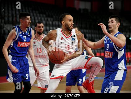 ©PHOTOPQR/LE PROGRES/Catherine AULAZ - Bourg-en-Bresse 03/03/2021 - JL Bourg - 3 mars 20212021 -EuroCoupe Top 16 JL Bourg - Buducnost Podgorica. Spiel à huis-clos à Ekinox, à Bourg-en-Bresse (Ain). Zack Wright (JL Bourg). Stockfoto