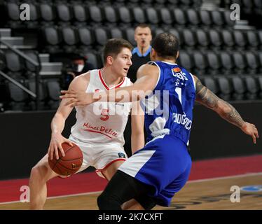 ©PHOTOPQR/LE PROGRES/Catherine AULAZ - Bourg-en-Bresse 03/03/2021 - JL Bourg - 3 mars 20212021 -EuroCoupe Top 16 JL Bourg - Buducnost Podgorica. Spiel à huis-clos à Ekinox, à Bourg-en-Bresse (Ain). Hugo Benitez (JL Bourg). Stockfoto