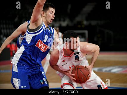 ©PHOTOPQR/LE PROGRES/Catherine AULAZ - Bourg-en-Bresse 03/03/2021 - JL Bourg - 3 mars 20212021 -EuroCoupe Top 16 JL Bourg - Buducnost Podgorica. Spiel à huis-clos à Ekinox, à Bourg-en-Bresse (Ain). Pierre Pelos (JL Bourg). Stockfoto