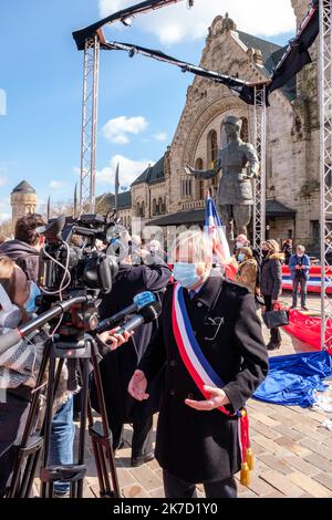 ©Arnaud BEINAT/Maxppp. 20210320, Metz, Moselle, Grand Est, Frankreich. Inauguration de la Statue du général de Gaulle, devant la gare de Metz et sur la Place du meme nom. Stockfoto