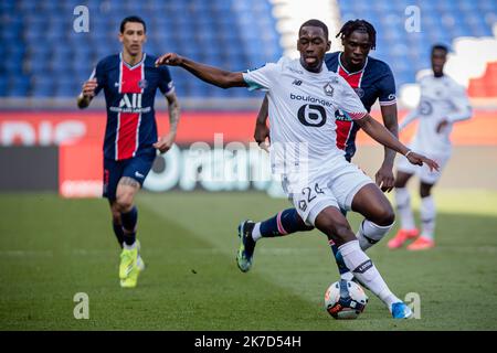 Aurelien Morissard / IP3; SOUMARE Boubakary von Lille gegen Moise KEAN von Paris Saint Germain während des Fußballspiels der französischen Ligue 1 zwischen Paris Saint Germain (PSG) und Lille am 03. April 2021 im Stadion Parc des Princes in Paris, Frankreich. Stockfoto