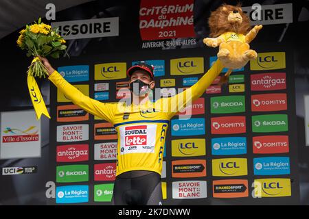 ©PHOTOPQR/LA MONTAGNE/Thierry LINDAUER ; ; 30/05/2021 ; cyclisme criterium du dauphine, VAN MOER BRENT, issoire du 30 Mai 2021, Foto thierry Lindauer der erste Schritt der 73. Ausgabe des Criterium du Dauphine Radrennen , 182km zwischen Issoire und Issoire am Mai 30 , 2021 . Stockfoto