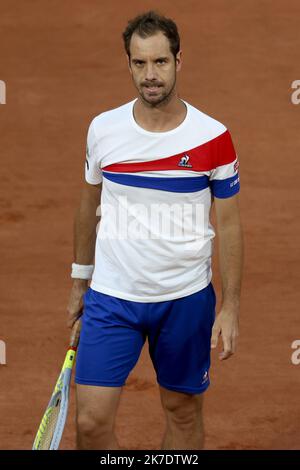 ©Sebastien Muylaert/MAXPPP - der Franzose Richard Gasquet reagiert während seines zweiten Mannschaftsspiele gegen den Spanier Rafael Nadal am fünften Tag der French Open 2021 bei Roland Garros in Paris. 03.06.2021 Stockfoto