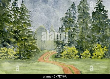 Straße durch eine bewaldete Landschaft in Aquarell. Stockfoto