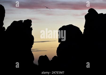 ©PHOTOPQR/OUEST FRANKREICH/Marc Ollivier ; Ouessant ; 18/06/2021 ; La Côte sud de Ouessant : la baie de Pen ar Roc’h et ses falaises perchées à plus de 40m au-dessus de la mer , les plus hautes et les plus sauvages du Léon . L'île d'Ouessant est une île aux allures sauvages. L'île se trouve à vingt kilomètres de la Côte ouest du Finistère en Bretagne. - Ouessant Island, eine felsige Insel im Département Finistère, an der westlichen Spitze der Bretagne, Westfrankreich. Stockfoto