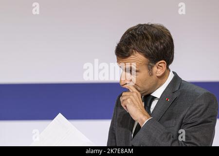 ©Sebastien Muylaert/MAXPPP - der französische Präsident Emmanuel Macron hält eine Rede während der Eröffnung des Treffens des französischen Strategischen Rates für die Gesundheitsindustrie (CSIS) im Elysée-Palast in Paris, Frankreich. 29.06.2021 Stockfoto