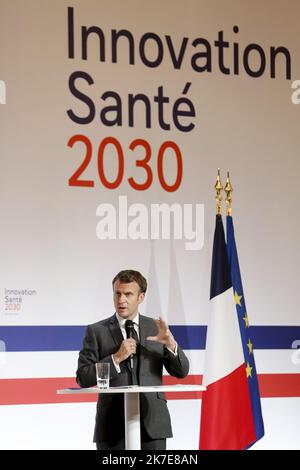 ©Sebastien Muylaert/MAXPPP - der französische Präsident Emmanuel Macron hält eine Rede während der Eröffnung des Treffens des französischen Strategischen Rates für die Gesundheitsindustrie (CSIS) im Elysée-Palast in Paris, Frankreich. 29.06.2021 Stockfoto