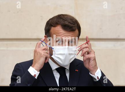 ©PHOTOPQR/LE PARISIEN/Delphine Goldsztejn ; Paris ; 05/07/2021 ; Covid-19 Emmanuel Macron Ruhestand Sohn Masque de Protection contre le covid-19 Le 05/07/2021 Foto : Delphine Goldsztejn - Paris , Frankreich , juli 5. 2021 italienischen Präsidenten SergioMattarella trifft Französisch Präsident EmmanuelMacron Stockfoto