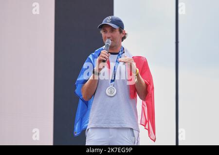 ©PHOTOPQR/LE PARISIEN/Bastien Moignoux ; Paris ; 02/08/2021 ; Paris (16e), France. 02/08/21. Le retour des médaillés des JO de Tokyo au Trocadéro. Thomas Goyard sur la scène. - Paris, Frankreich, august 2. 2021. Französische Medaillengewinnerinnen der Olympischen Sommerspiele von Tokio 2020 zurück in Frankreich Stockfoto