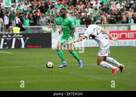 Thierry Larret/MAXPPP. Football Ligue 1 Uber Isst. Association Sportive de Saint-Etienne gegen den Fußballverein Lorient. Le 8 Aout 2021, Stade Geoffroy-Guichard, Saint-Etienne (42). Stockfoto