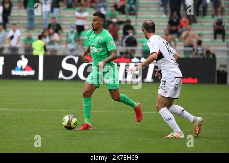 Thierry Larret/MAXPPP. Football Ligue 1 Uber Isst. Association Sportive de Saint-Etienne gegen den Fußballverein Lorient. Le 8 Aout 2021, Stade Geoffroy-Guichard, Saint-Etienne (42). Stockfoto