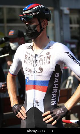 ©Laurent Lairys/MAXPPP - Matej Mohoric aus Barhain - siegreich bei der Benelux Tour 2021, Etappe 7, Namur - Geraardsbergen, Grammont (180,9 km) am 5. September 2021 in Geraardsbergen, Grammont, Belgien - Foto Laurent Lairys / MAXPPP Stockfoto