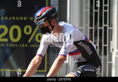 ©Laurent Lairys/MAXPPP - Matej Mohoric aus Barhain - siegreich bei der Benelux Tour 2021, Etappe 7, Namur - Geraardsbergen, Grammont (180,9 km) am 5. September 2021 in Geraardsbergen, Grammont, Belgien - Foto Laurent Lairys / MAXPPP Stockfoto