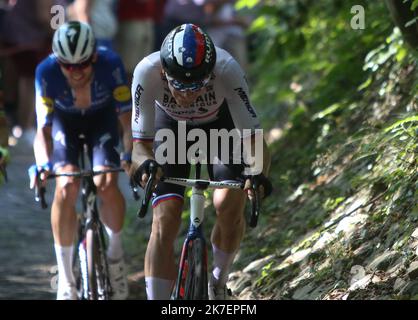 ©Laurent Lairys/MAXPPP - Matej Mohoric aus Barhain - siegreich bei der Benelux Tour 2021, Etappe 7, Namur - Geraardsbergen, Grammont (180,9 km) am 5. September 2021 in Geraardsbergen, Grammont, Belgien - Foto Laurent Lairys / MAXPPP Stockfoto