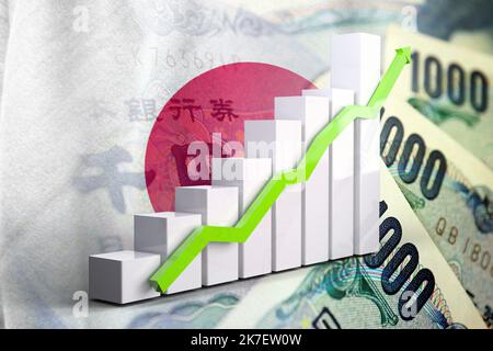 Wirtschaftsdiagramm: Steigender Pfeil, Japan-Flagge und Bargeld, japanische Yen-Banknoten Stockfoto