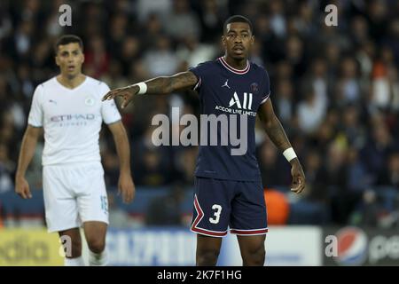 ©Sebastien Muylaert/MAXPPP - Presnel Kimpembe von PSG reagiert während der UEFA Champions League-Gruppe Ein Spiel zwischen Paris Saint-Germain und Manchester City im Parc des Princes in Paris, Frankreich. 28.09.2021 Stockfoto