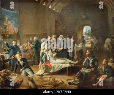 ©Active Museu/MAXPPP - ActiveMuseum 0000142.jpg / Une Ambulanz, Anhänger la Campagne de France - Pierre Roch Vigneron (1814) - 1814 - / Pierre Roch Vigneron / Peinture Active Museum / Le Pictorium Akademische Kunst, Ambulanz, Armee, Tod, Arzt, Hund, Kampf, Horizontal, Krankenhaus, verletzt, Verletzung, Militär, Keilrahmen, Tapestry, Uniform, Krieg, 19.. Jahrhundert, Pierre Roch Vigneron, Malerei, Stockfoto