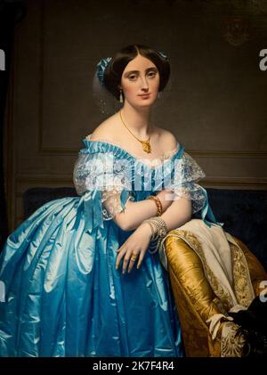 ©Active Museu/MAXPPP - ActiveMuseum 0000459.jpg / Princesse de Broglie - Jean-Auguste-Dominique Ingres (1851) - 1851 - / Jean-Auguste-Dominique Ingres / Peinture Active Museum / Le Pictorium Sessel, Blau, Armband, Kleid, Schmuck, Knoten, Halskette, Porträt, Prinzessin, Ring, Vertikal, Frau, Junge Frau, Broglie Malerei, 19. Jahrhundert, Jean-Auguste, Dominique Ingres, Stockfoto