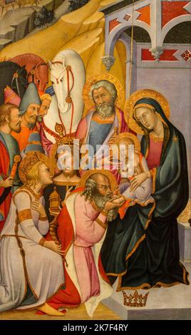 ©Active Museu/MAXPPP - ActiveMuseum 0000484.jpg / L'Adoration des Mages - Bartolo di Fredi (Italie, 1390) - 1390 - / Bartolo di Fredi / Peinture Active Museum / Le Pictorium Anbetung, Aureola (Religion), katholische Religion, Krone, Geschenk, Pferd, Könige, Mann, Maria (Mutter von Jesus) ,Fels, heilig (Glaube), Schwert, vertikal, Frau, Europa, Italien, Westeuropa, Jesus Christus, XIV. Jahrhundert, Bartolo di Fredi, Malerei, Stockfoto