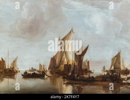 ©Active Museu/MAXPPP - ActiveMuseum 0000555.jpg / UN Yacht et autres bateaux en Eau calme - Jan van de Cappelle (1660) - 1660 - / Jan van de Cappelle / Peinture Active Museum / Le Pictorium Boot, wolkiger Himmel, Horizontal, ruhig, Ruderboot, Segelboot, Meer, Schiff, kleines Boot, Wasser, Yacht, 17. Jahrhundert ,Jan van de Cappelle ,Malerei , Stockfoto