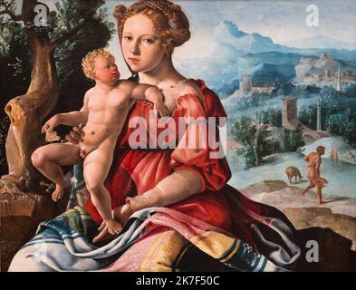 ©Active Museu/MAXPPP - ActiveMuseum 0000607.jpg / Le repos Pendant la fuite en Egypte - Maerten van Heemskerck (Vers 1532) - Nationalgalerie - Washington 1532 - / Maerten van Heemskerck / Peinture Active Museum / Le Pictorium Baby, blauer Himmel, Kind, Säule, Kleid, Flucht, Hügel, Horizontal, Landschaft, Ruhe, Statue, Baum, Dorf, Jungfrau und Kind, Frau, Afrika, Ägypten, Mittlerer Osten, Nordafrika, 16. Jahrhundert, Maerten van Heemskerck, Malerei, Stockfoto