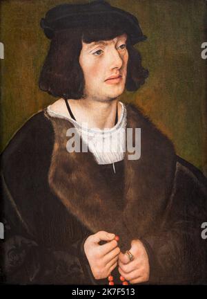 ©Active Museu/MAXPPP - ActiveMuseum 0000636.jpg / Portrait d'Homme avec un Chapelet, 1508 - Lucas Cranach l'Ancien 1508 - / Lucas Cranach l'Ancien / Peinture Active Museum / Le Pictorium Mantel, Pelzmantel, Hut, Mann, Porträt, religiös, Ring, Rosenkranz, ernst, Pfahl, vertikal, 16. Jahrhundert, Lucas Cranach der Ältere, Malerei, Stockfoto