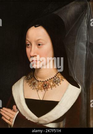 ©Active Museu/MAXPPP - ActiveMuseum 0000646.jpg / Maria di Portinari (Maria Maddalena Baroncelli), 1470 - Hans Memling 1470 - / Hans Memling / Peinture Active Museum / Le Pictorium Conical Hennin ,Holländische Renaissance ,Hut ,Hennin ,Portrait ,Gebet ,Ring ,Schmuck ,Vertikal ,Frau ,Frauenhut ,Maria Maddalena Baroncelli ,Maria Portinari (Italienische Familie), XV. Jahrhundert, Hans Memling, Malerei, Stockfoto