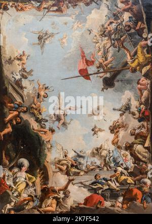 ©Active Museu/MAXPPP - ActiveMuseum 0000670.jpg / La Glorification de la Famille Giustiniani, 1784 - Giovanni Domenico Tiepolo 1784 - / Giovanni Domenico Tiepolo / Peinture Active Museum / Le Pictorium Allegory ,Engel ,Menge ,Flagge ,Glorifizierung ,Ruhm ,Himmel ,Mast ,Rokoko-Stil ,Himmel ,Treppe ,Vertikal ,Giustiniani (italienische Familie) ,18. Jahrhundert ,Giovanni Domenico Tiepolo ,Malerei , Stockfoto
